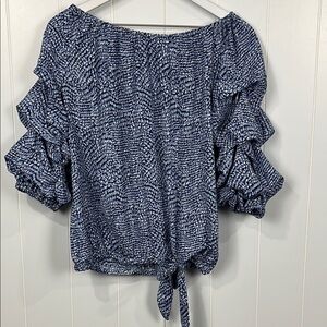 CeCe Women Blouse M Blue White Tier 3/4 Sleeves Stretch Waist w/Tie Off-Shoulder